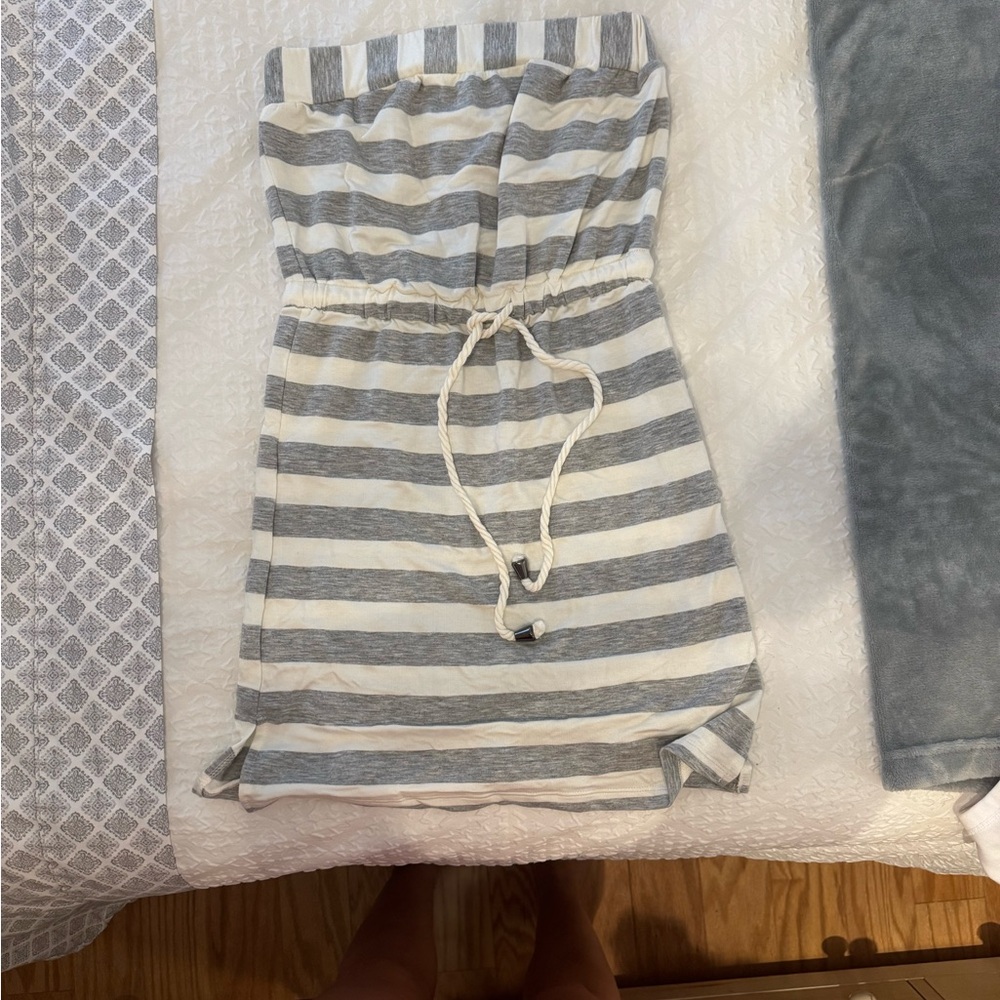 Beach Striped Gray and White Strapless Dress